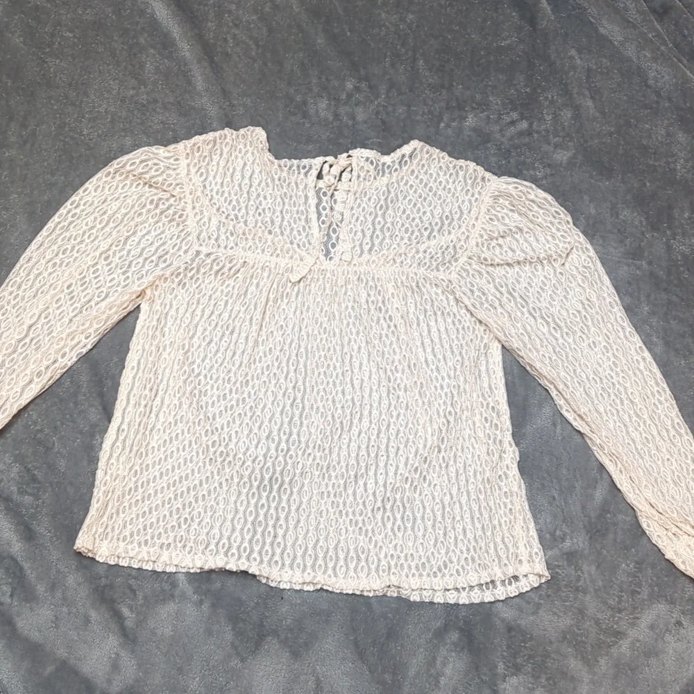 Zara Sheer Ivory Lace Romantic Cottagecore Flirty Balloon Sleeve Top Size Large
